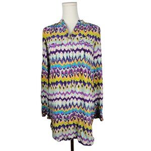 Haute Hippie Tunic Top or Dress XS 100% Silk Purple Blue Button-Up Ikat Print